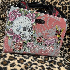 Ed Hardy Pink and Gray Skull Floral Shoulder Bag